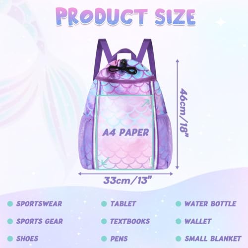 WAWSAM Kids Gym Drawstring Backpack String Bag, Mermaid Sports Gym Bag for Kids Girls Waterproof Swimming Beach String Cinch Backpack with Two Water Bottle Pocket - color: Mermaid