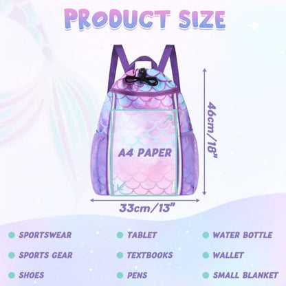 WAWSAM Kids Gym Drawstring Backpack String Bag, Mermaid Sports Gym Bag for Kids Girls Waterproof Swimming Beach String Cinch Backpack with Two Water Bottle Pocket - color: Mermaid