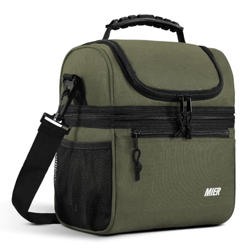 MIER Insulated Lunch Box Bags for Men Women, Dual Compartment, Army Green | Leakproof Lunchbox Cooler, Work, Travel, Park Trip, Side Mesh Pockets, Adjustable Shoulder Strap, Zipper Pockets, Durable - color: Army Green, size: Medium