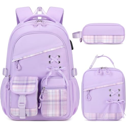 DIGOBAY Backpacks for Girls - 3PCS Girls Backpack with Lunch Box & Pencil Pouch Plaid School Backpacks for Elementary Middle High College School Bookbag for Teen Girl Kids Students Purple - color: Purpleplaid