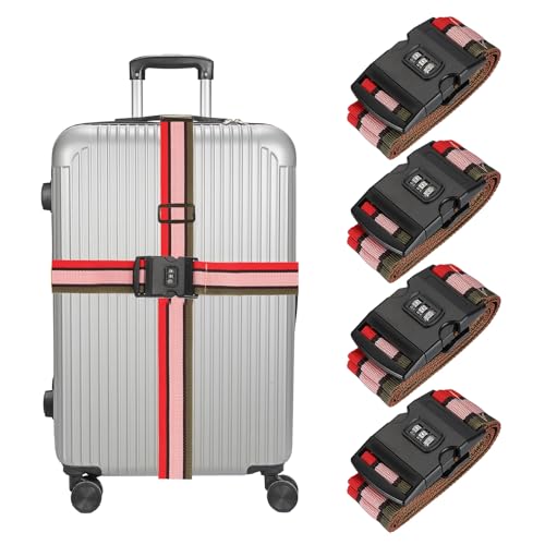 MECCANIXITY Luggage Straps with Combination Lock Adjustable Suitcase Belt Strap for Suitcase Briefcase Backpack Travel, Red-White-Blue, Pack of 4 - color: Red-White-Blue