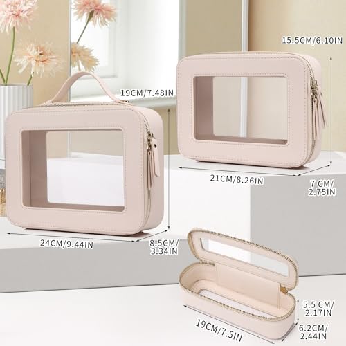 Travel Makeup Set Waterproof Transparent Cosmetic Bag and Toiletry Bag Makeup Brush case with Zipper Car Essentials for Women (Beige, L+M+SLIM) - color: Beige, size: L+M+Slim