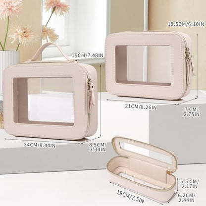 Travel Makeup Set Waterproof Transparent Cosmetic Bag and Toiletry Bag Makeup Brush case with Zipper Car Essentials for Women (Beige, L+M+SLIM) - color: Beige, size: L+M+Slim