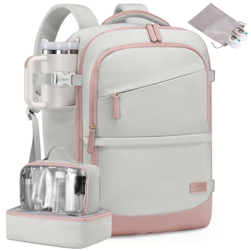 LOVEVOOK Travel Backpack for Women & Men, 40L Carry on Backpack Airline Approved, Large TSA Personal Item Travel Bag fits 17.3" Laptop, Business Weekender Bag for Essentials, 4Pcs - color: Light Gray-pink, size: 17.3 Inch-4Pcs