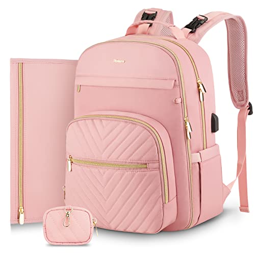 MOMUVO Diaper Bag Backpack, Quilted Baby Bag with Changing Pad & Stroller Straps & Pacifier Case, Large Travel Diaper Bags for Mom Dad, Pink - color: Pink