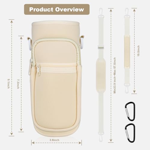 Water Bottle Holder with Strap, Water Bottle Carrier Bag with Phone Pocket, Shoulder Hand Strap Insulated Neoprene 32/40 oz Water Bottle Sleeve for Walking Hiking Camping Gym - color: 2 BEIGE, size: under 32oz