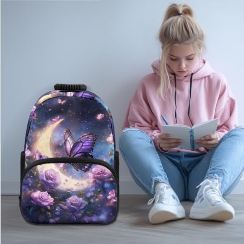 JEOCODY Kids Bookbag Butterfly Backpack for Girls Backpack and Lunch Box Set, Boys School Bag Water Bottle Holder and Pencil Pouch Girls Daypack Back to School Accessories - color: Butterfly With Purple Rose Printedd