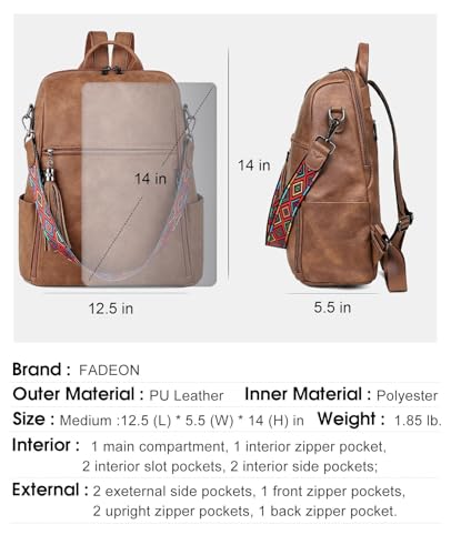 FADEON Leather Backpack Purse for Women Designer Travel Backpack Purses PU Fashion Ladies Shoulder Bag with Tassel Brown - color: 1 Brown Retro Style, size: Medium (14-in Height)