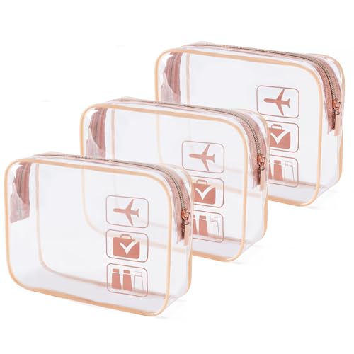 MODENGKONGJIAN TSA Approved Toiletry Bag, 3 Pcs Clear Toiletries Bags Quart Size Travel Makeup Cosmetic Bag for Women Men, Carry on Airport Airline Compliant Bag (Rose Gold) - color: Rose Gold