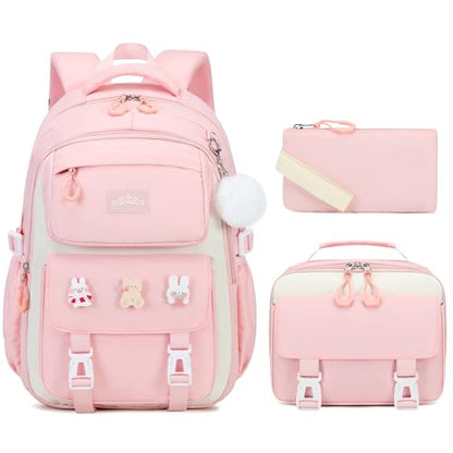 DIGOBAY 3PCS Girls Backpack for School, Kids Backpack for Girls with Lunch Box Pencil Case Set for Teen Girl Elementary Primary Middle High College School Bookbag with Cute Pins (Pink) - color: Pink