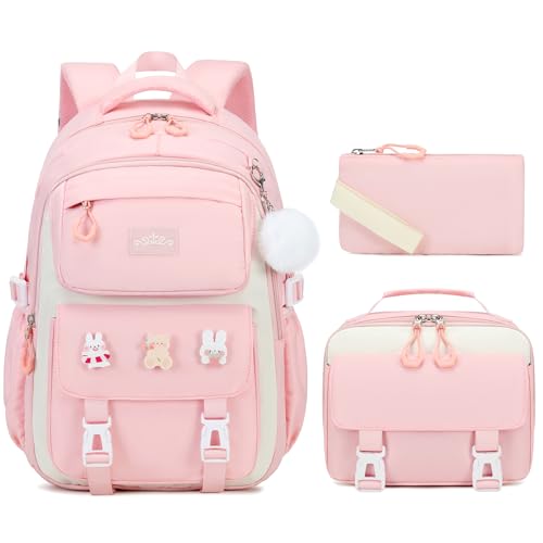 DIGOBAY 3PCS Girls Backpack for School, Kids Backpack for Girls with Lunch Box Pencil Case Set for Teen Girl Elementary Primary Middle High College School Bookbag with Cute Pins (Pink) - color: Pink