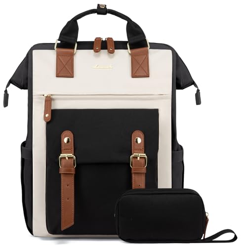 LOVEVOOK 17 Inch Laptop Backpack for Women Work Travel Backpacks Purse, Nurse Bag Teacher Business Laptop Computer Bag, Fashion College Backpack Casual Daypack, Black-Beige-Brown - color: Black-beige-brown, size: 17.3 Inch