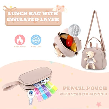 ACESAK School Backpack for Girls - 3 PCS Cute Girls Backpack with Lunch Box & Pencil Case - Kawaii Casual Kids Bookbag School Bag Daypacks Set for Elementary Middle High School Student Teens (Khaki) - color: Khaki