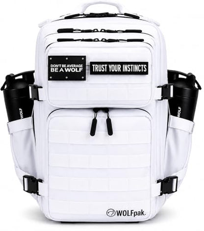 WOLFpak 35L Tactical Gym Backpack (Polar White) Durable 1000D Waterproof Oxford Material with MOLLE Webbing, Laptop Pocket & Dual Cup Holders, Durable Fitness/Travel/Military Daypack - color: Polar White