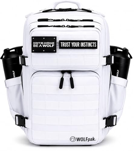 WOLFpak 35L Tactical Gym Backpack (Polar White) Durable 1000D Waterproof Oxford Material with MOLLE Webbing, Laptop Pocket & Dual Cup Holders, Durable Fitness/Travel/Military Daypack - color: Polar White