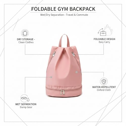 Foldable Gym Backpack with Wet/Dry Separation, Water-Resistant Oxford Sports Bag for Travel & Commute - color: Pink