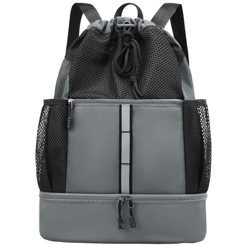 PinCute Drawstring Gym Bag for Men/Women - Mesh Beach Swim Bags Sports Backpack with Wet Pocket&Shoe Compartment, Lightweight - color: Dark Grey