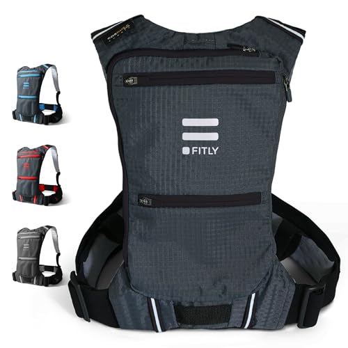 FITLY Minimalist Running Pack - Fitness Backpack Phone Holder, Storage, Thoracic Belt - Carry Personal Items - Running Gear for Men & Women - Lightweight Hydration Water Backpack - color: Classy Black, size: X-Small-Small
