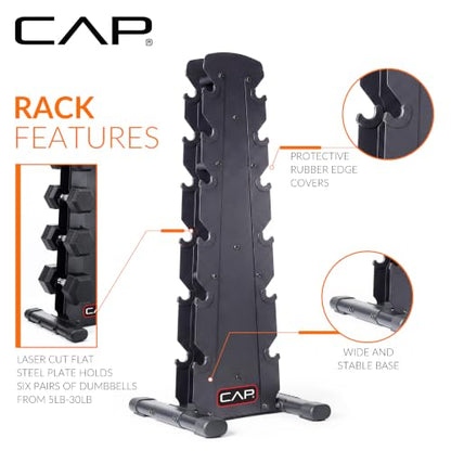 CAP Rubber Coated Hex Dumbbell Set with Storage Rack | 100–210 lb Options, Space-Saving Vertical Compact Storage for Home Gym Strength Training - size: 210 lb - Set - Black Rack, style: Chrome Handles