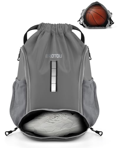 BROTOU Soccer Drawstring Backpack, Basketball Bag, Volleyball Football Bags with Ball and Shoe Compartment - color: Gray