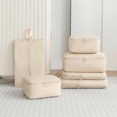 6 Set Packing Cubes Compression Bags for Travel, Waterproof Luggage Organizer, Travel Essentials for Cruise Vacation, Beige - color: Beige