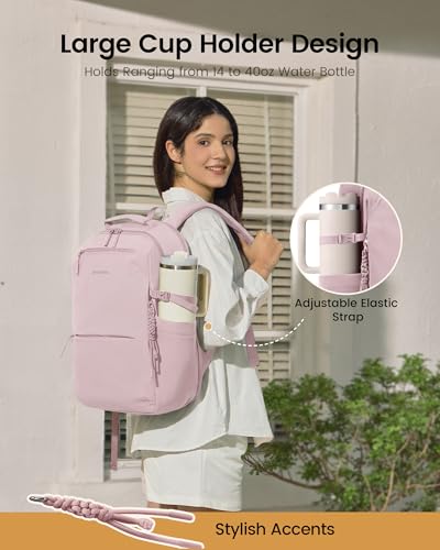 LOVEVOOK Laptop Backpack Women with Tumbler Holder, Work Travel Backpack - color: Pink, size: 17 Inch