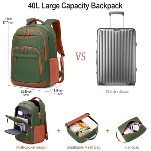 BOVIP Travel Backpack For Men Women,40L Carry On Backpack Flight Approved,TSA Personal Item Travel Bag Fits 17 Inch Laptop,Business Weekender Overnight Daypack Green - color: Green