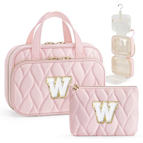 YOOLIFE Travel Toiletry Bag for Women - Hanging Toiletry Bag Makeup Bag, Portable Toiletries Travel Bag and Cosmetic Bag Essentials - Letter W Pink - color: Pink, style: W