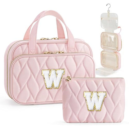 YOOLIFE Travel Toiletry Bag for Women - Hanging Toiletry Bag Makeup Bag, Portable Toiletries Travel Bag and Cosmetic Bag Essentials - Letter W Pink - color: Pink, style: W