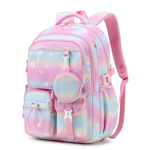 MOONBABY Girls Backpack, Kids Backpack for Girls, School bag for Primary Elementary Teenage, Middle School Students Bookbag - color: Pink Planet