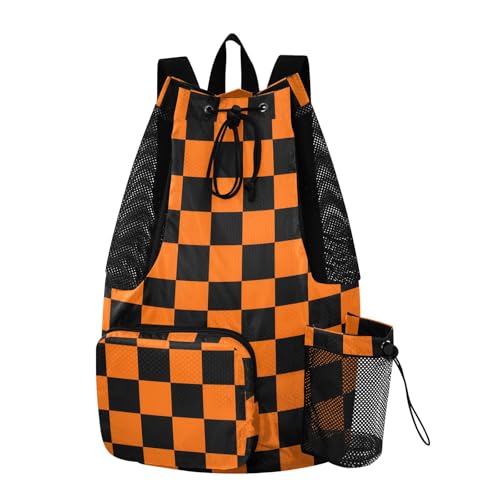 Bolaz Beach Drawstring Backpack Mesh Swim Bag for Men Women Orange Black Checkered Swimming Gym with Wet Pocket Packable Sports - color: Orange Black Plaid