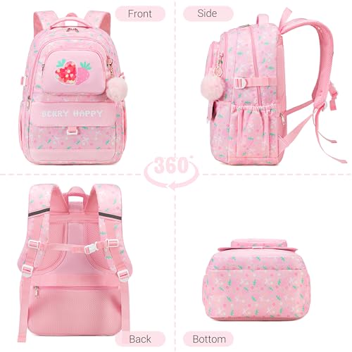 Makukke Girls School Backpack Set, Cute Strawberry Bag with Lunch Box & Pencil Case, Lightweight Durable Bookbag for Elementary Middle - color: Strawberry-pink