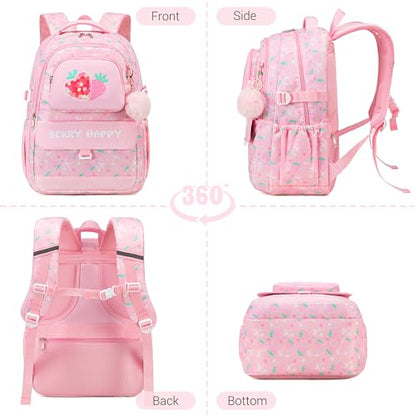 Makukke Girls School Backpack Set, Cute Strawberry Bag with Lunch Box & Pencil Case, Lightweight Durable Bookbag for Elementary Middle - color: Strawberry-pink