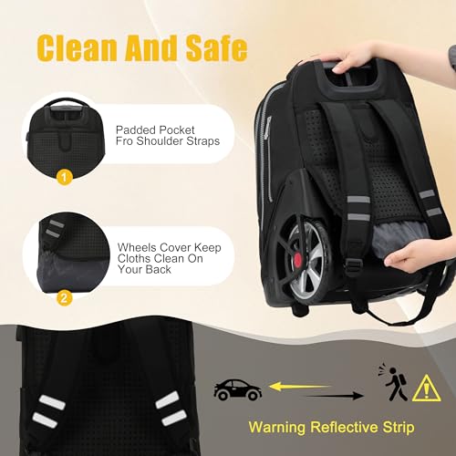 NEW TILAMI 19 Inch Rolling Backpack with Lunch Bag for Girls Boys Wheeled Laptop Backpack Durable Carry-on Bag School Travel, Pure Black - color: Pure Black
