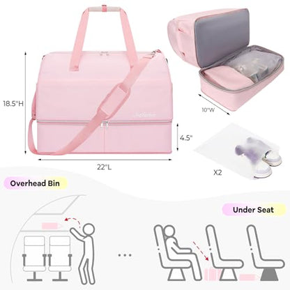Weekender Bags for Women,Extra large 66L Expandable Travel Duffel Bag with Shoe Compartment,Overnight Bag, Waterproof Pocket,Carry On Backpack for Gym,Hospital,Beach - color: Pink