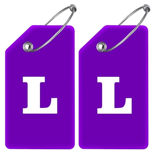 Gostwo 2 Pack Silicone Luggage Tags for Suitcases, 26 Initial Letter Baggage Labels Handbag School Bag Suitcase Instrument Tag with Stainless Steel Loop(Purple) (Letter L) - color: Purple, size: L