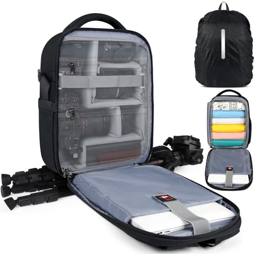 RAINSMORE Camera Backpack for DSLR SLR Mirrorless Cameras - Professional 14 Inch Laptop Compartment Waterproof Photography Bag with Tripod Holder & Rain Cover for Travel & Hiking, Black - color: Black, size: 14 inch