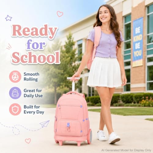 CCJPX 3Pcs Women & Girls Rolling Backpack with Bigger Wheels, Extra-Large Wheeled Bookbag with Lunch Box, Water Resistant Extra-Large Roller Luggage for Travel, Work, College (Pink) - color: Pink(upgrade Large Wheel)