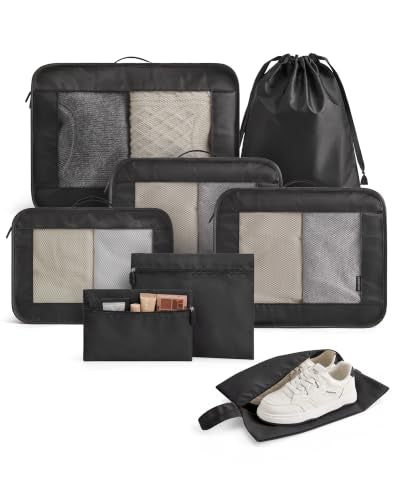 LIGHT FLIGHT 8 Set Packing Cubes for Travel, Durable Travel Essentials for Cruish Ship, Suitcase Organizer Packing Bags (8-Pack 1L+2M+1S+1Shoe bag+2Toiletry Bags+1Laundry Bag) - color: Black