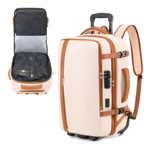 Fanwoli Rolling Vacuum Backpack Travel with One-Button Compression, Expandable Carry-On Suitcase Luggage, Approved TSA Lock & Water-Proof Laptop Compartment for Outdoor/Family/Business Trips - color: White