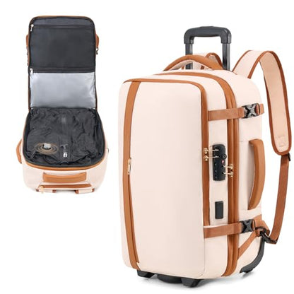 Fanwoli Rolling Vacuum Backpack Travel with One-Button Compression, Expandable Carry-On Suitcase Luggage, Approved TSA Lock & Water-Proof Laptop Compartment for Outdoor/Family/Business Trips - color: White