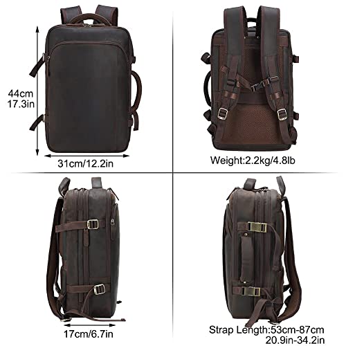 Masa Kawa Leather 15.6 Inch Laptop Backpack for Men Expandable 36L Business Travel Rucksack Daypack Weekender Bag - color: Brown