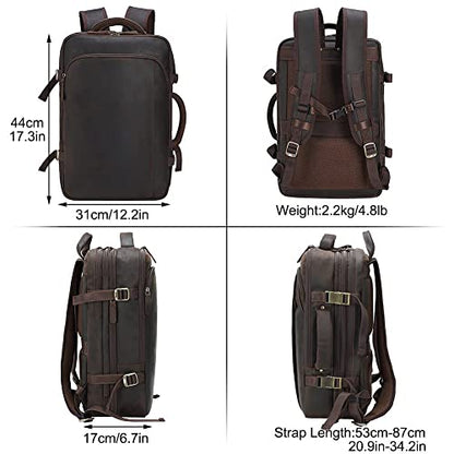Masa Kawa Leather 15.6 Inch Laptop Backpack for Men Expandable 36L Business Travel Rucksack Daypack Weekender Bag - color: Brown