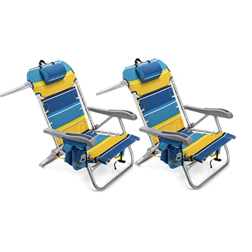 Homevative Cooler+ Folding Backpack Beach Chair with 5 Positions, Towel bar, XL Cooler Pouch, Storage Net, Cup and Phone Holder, Sunshine, 2 Pack - color: Sunshine