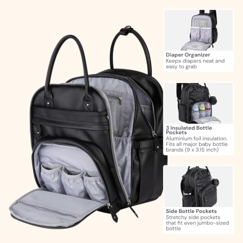 BabbleRoo Leather Diaper Bag Backpack - Baby Essentials Travel Baby Bag, Multi function, with Changing Pad, Stroller Straps & Pacifier Case – Unisex, Black - color: Vegan Leather Black, size: Large