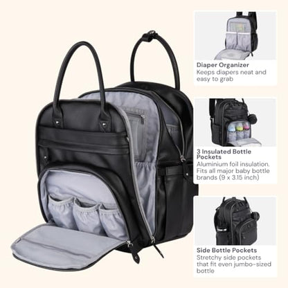 BabbleRoo Leather Diaper Bag Backpack - Baby Essentials Travel Baby Bag, Multi function, with Changing Pad, Stroller Straps & Pacifier Case – Unisex, Black - color: Vegan Leather Black, size: Large