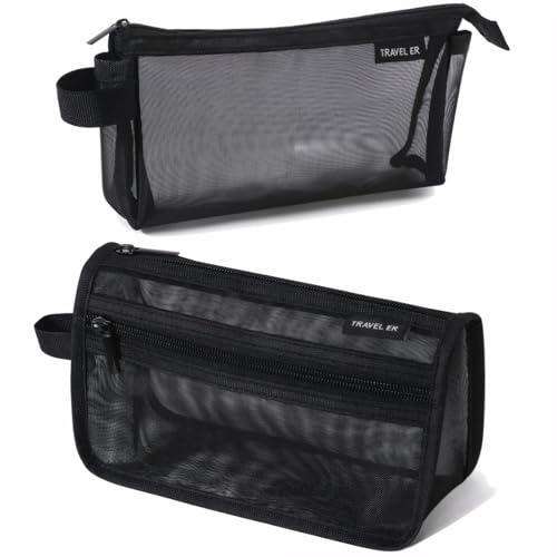 2-Pack Clear Mesh Pencil Case Pouch with Handle (Black) | Inside are visible, Single & double Layer combination, Various uses, Light weight, Robust quality