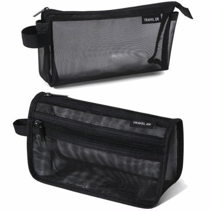 2-Pack Clear Mesh Pencil Case Pouch with Handle (Black) | Inside are visible, Single & double Layer combination, Various uses, Light weight, Robust quality