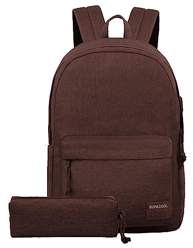 SUPACOOL Casual Laptop Backpack for Men and Women, Backpack with USB Charging Port(Coffee set) - color: Dark Brown, size: 20L