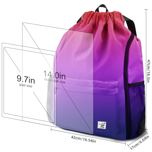 Drawstring Backpack with Mesh Pockets String Gym Bag Sackpack Sandproof Water Resistant Beach Backpack for Men Women - color: Gradient Purple